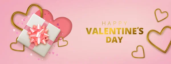 Gelukkige Valentijnsdag wenskaart. Realistische 3D harten op roze achtergrond. Liefde en bruiloft. Vector — Stockvector