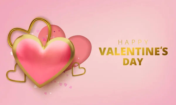 Feliz tarjeta de felicitación del día de San Valentín. Corazones realistas 3d sobre fondo rosa. Amor y boda. Vector — Vector de stock