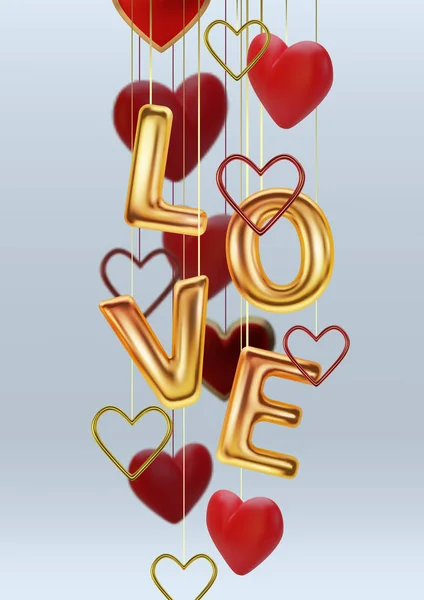 Gelukkige Valentijnsdag wenskaart. Realistische 3D harten op blauwe achtergrond. Liefde en bruiloft. Vector — Stockvector