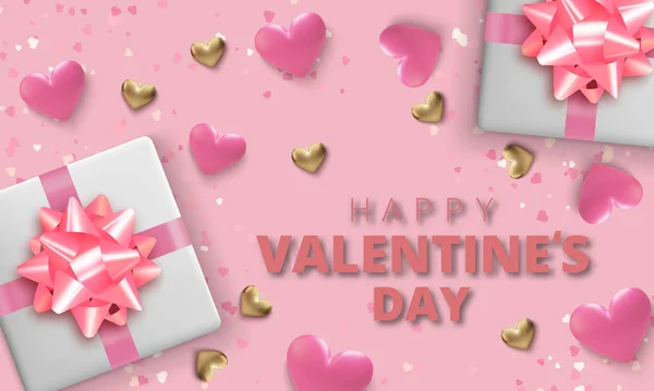 Feliz tarjeta de felicitación del día de San Valentín. Corazones realistas 3d sobre fondo rosa. Amor y boda. Vector — Vector de stock