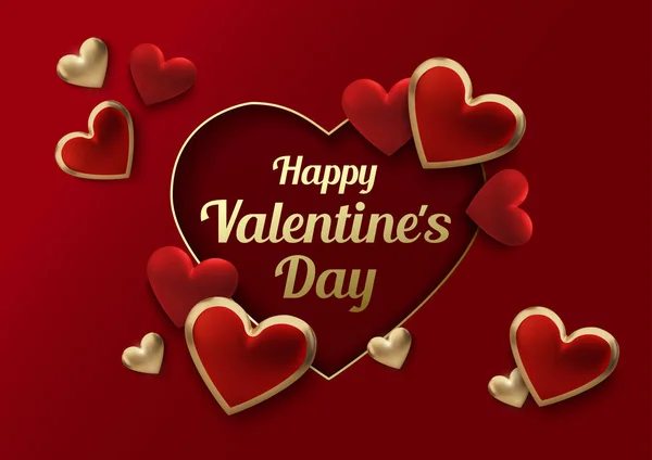 Glad Alla hjärtans dag gratulationskort. Realistiska 3D hjärtan på röd bakgrund. Kärlek och bröllop. Vektor — Stock vektor