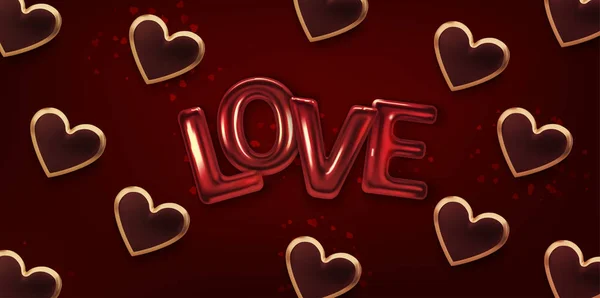 Gelukkige Valentijnsdag wenskaart. Realistische 3D harten op rode achtergrond. Liefde en bruiloft. Vector — Stockvector