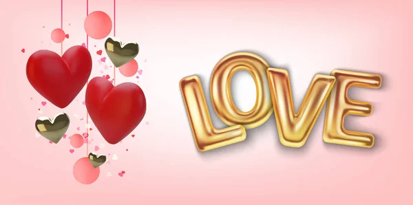 Gelukkige Valentijnsdag wenskaart. Realistische 3D harten op rode achtergrond. Liefde en bruiloft. Vectorillustratie — Stockvector