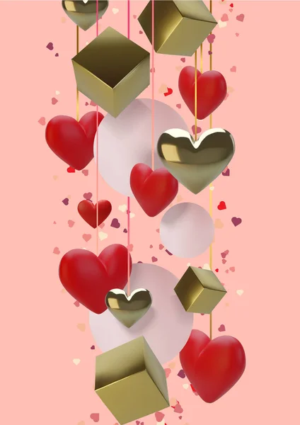 Feliz tarjeta de felicitación del día de San Valentín. Corazones realistas 3d sobre fondo rojo. Amor y boda. Vector — Vector de stock