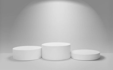 Beyaz kazananlar 3D podyumu. Spor müsabakalarını kazananların ödülü. Yuvarlak gerçekçi kaide. Vektör