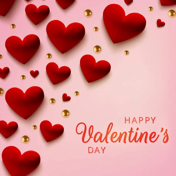 Felicitări fericite de Ziua Îndrăgostiților. Inimi realiste roșii 3D pe fundal roz. Dragoste şi nuntă. Șablon pentru produse, bannere web și pliante. Vector — Vector de stoc