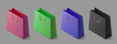 Kağıt gerçekçi renkli alışveriş torbası hazırla. Satın almalar için izometrik paket. El çantası 3D simgesi. Ürünler için şablon, web afişleri ve broşürler. Vektör İllüstrasyonu