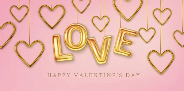 Glückliche Valentinstag-Grußkarte. realistische Goldherzen auf rosa Hintergrund. Text in Form eines Ballons. Liebe und Hochzeit. Vorlage für Produkte, Web-Banner und Flugblätter. Vektor — Stockvektor