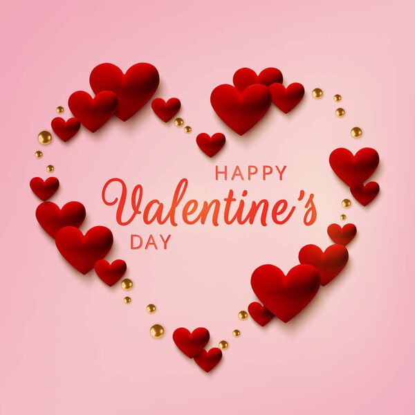 Happy Valentines Day greeting card. Realistic red 3d hearts on pink background. Love and wedding. Template for products, web banners and leaflets. Vector