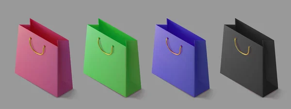设置纸套现实的彩色购物袋. 用于购买的模拟等量包装。 手提包3D图标。产品模板，网页横幅和传单。 病媒图解 — 图库矢量图片