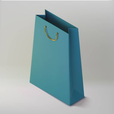 Kağıt gerçekçi mavi alışveriş çantası. Satın almalar için izometrik paket. El çantası 3D simgesi. Ürünler için şablon, web afişleri ve broşürler. Vektör