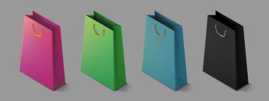Kağıt gerçekçi renkli alışveriş torbası hazırla. Satın almalar için izometrik paket. El çantası 3D simgesi. Ürünler için şablon, web afişleri ve broşürler. Vektör İllüstrasyonu