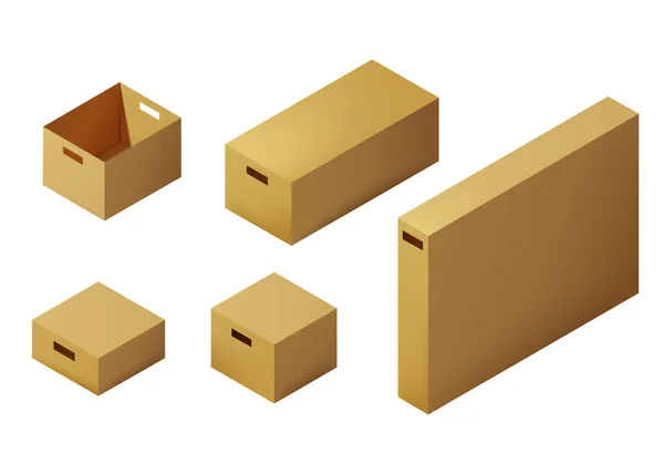 Set isometrische Kartonverpackung. 3D realistische Symbole. Karton, Bastelverpackung, isolierte Vektorillustration — Stockvektor