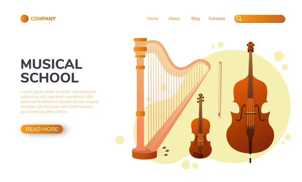 Página de aterrizaje musical. Instrumentos musicales de cuerda. Diseño de diseño para presentaciones de banners, plantilla de sitio web. Ilustración vectorial — Vector de stock