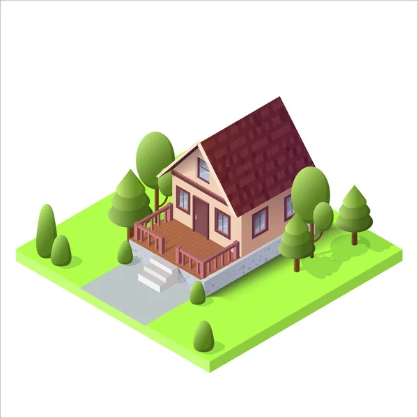 Изометрический загородный дом на зеленой земле с деревьями. Плакат для продажи недвижимости, строительства и аренды концепции и рекламного щита. Векторная миграция — стоковый вектор