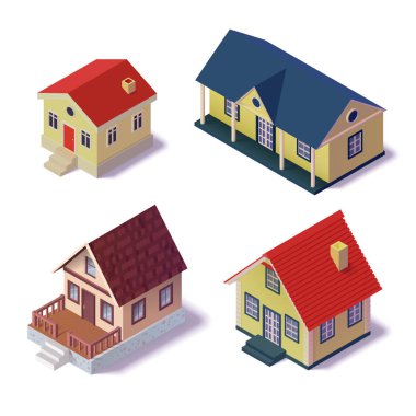 İzometrik kır evini ayarlayın. Afiş, gayrimenkul, inşaat, kiralık konsept ve reklam panosu. Vektör İllüstrasyonu