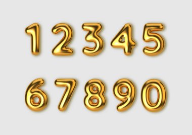 Gerçekçi 3d yazı tipi altın numaralar. Altın balon şeklinde sayı. Ürünler için şablon, reklam, web afişleri, broşürler, sertifikalar ve kartpostallar. Vektör illüstrasyonu