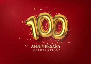 100th Anniversary celebration. Number in the form of golden balloons. Realistic 3d gold numbers and sparkling confetti, glitters. Horizontal template for Birthday or wedding event. Vector illustration