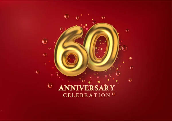 60th Anniversary celebration. Number in the form of golden balloons. Realistic 3d gold numbers and sparkling confetti, glitters. Horizontal template for Birthday or wedding event. Vector illustration — Stok Vektör