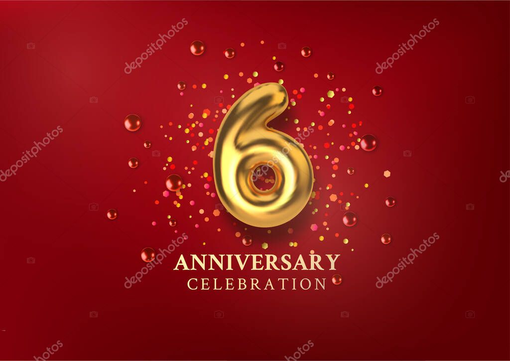 6th Anniversary celebration. Number in the form of golden balloons. Realistic 3d gold numbers and sparkling confetti, glitters. Horizontal template for Birthday or wedding event. Vector