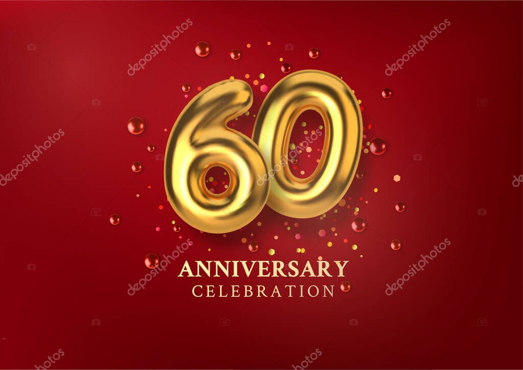 60th Anniversary celebration. Number in the form of golden balloons. Realistic 3d gold numbers and sparkling confetti, glitters. Horizontal template for Birthday or wedding event. Vector