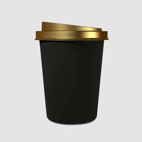 Papel realista taza de café negro con una cubierta de oro. Tazas de café burlón. Vaso desechable para bebidas. Plantilla para productos, banners web y folletos. Ilustración vectorial — Vector de stock