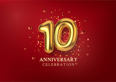 10. yıldönümü kutlaması. Altın balon şeklinde sayı. Gerçekçi 3D altın rakamlar ve ışıltılı konfeti. Doğum günü ya da düğün için yatay şablon. Vektör illüstrasyonu