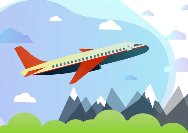 Voo do avião no céu. Aviões de passageiros, avião, avião, voo, nuvens, céu, tempo ensolarado. Ícones de cor plana. Ilustração vetorial —  Vetores de Stock