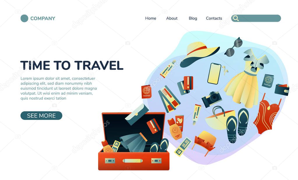 Collecting a suitcase on a trip: clothes, documents, equipment. Landing page planning a summer vacation, tourism. Colorful trendy illustration. Flat design. Vector illustration