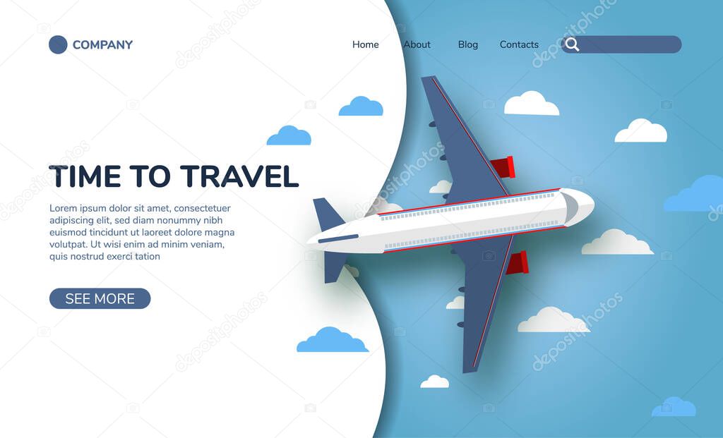 Flight of the plane in the sky. Passenger planes, airplane, aircraft, flight, clouds, sky, sunny weather. Landing page color flat icons. Vector illustration