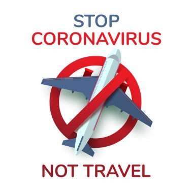 Coronavirus 'u durdurun. Seyahat ve havacılığı değil. Roman Coronavirus 2019-nCoV, Virüs Covid 19-NCP. Coronavirus hastalığı önleme işareti. Kalkış yasağı. Vektör illüstrasyonu.