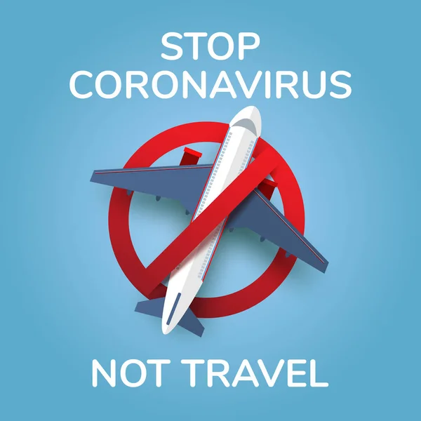 Hentikan coronavirus tidak bepergian dan penerbangan. Novel Coronavirus 2019-nCoV, Virus Covid 19-NCP (dalam bahasa Inggris). Tanda pencegahan penyakit Coronavirus. Larangan Keberangkatan. Ilustrasi vektor. - Stok Vektor