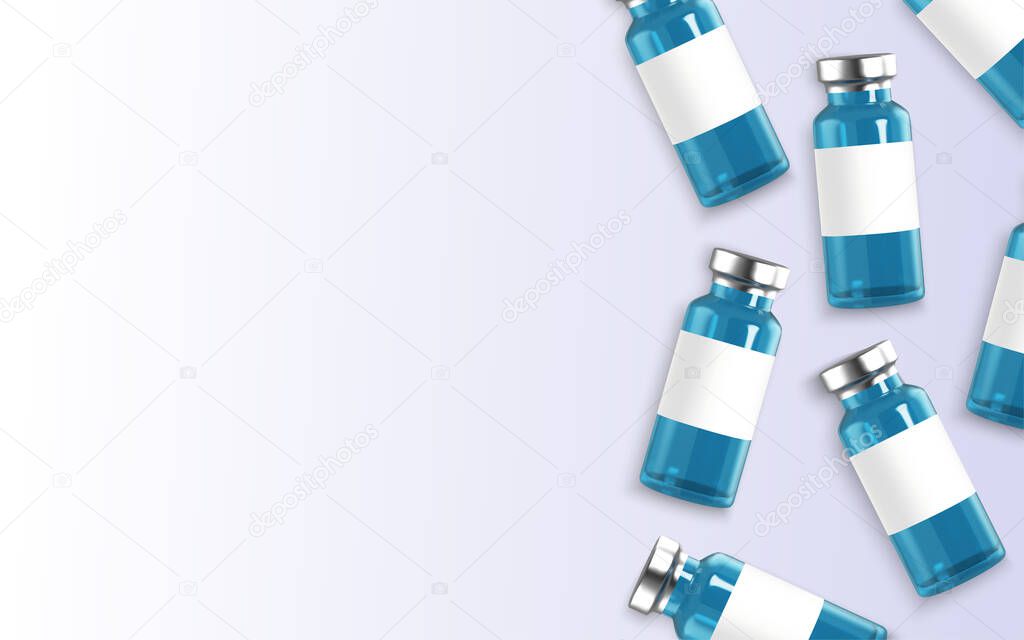 Realistic 3d glass ampoules with medicine. Vaccine injection. corona virus infection, novel coronavirus disease 2019, COVID-19,nCoV 2019. Vector illustration.