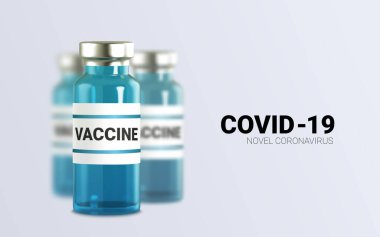 Gerçekçi 3 boyutlu cam ampuller ve ilaçlar. Aşı enjeksiyonu. Corona virüsü enfeksiyonu, yeni Coronavirus hastalığı 2019, COVID-19, nCoV 2019. Vektör illüstrasyonu.