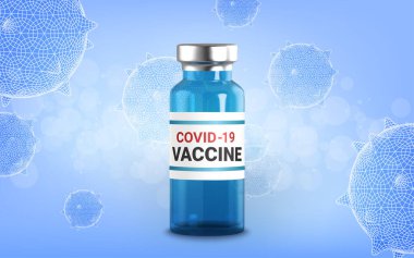 Gerçekçi 3 boyutlu cam ampuller ve ilaçlar. Aşı enjeksiyonu. Corona virüsü enfeksiyonu, yeni Coronavirus hastalığı 2019, COVID-19, nCoV 2019. Vektör illüstrasyonu.