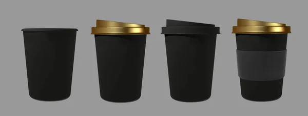 Set Papel Negro Realista Café Taza Tazas Café Isométrico Burlón — Archivo Imágenes Vectoriales