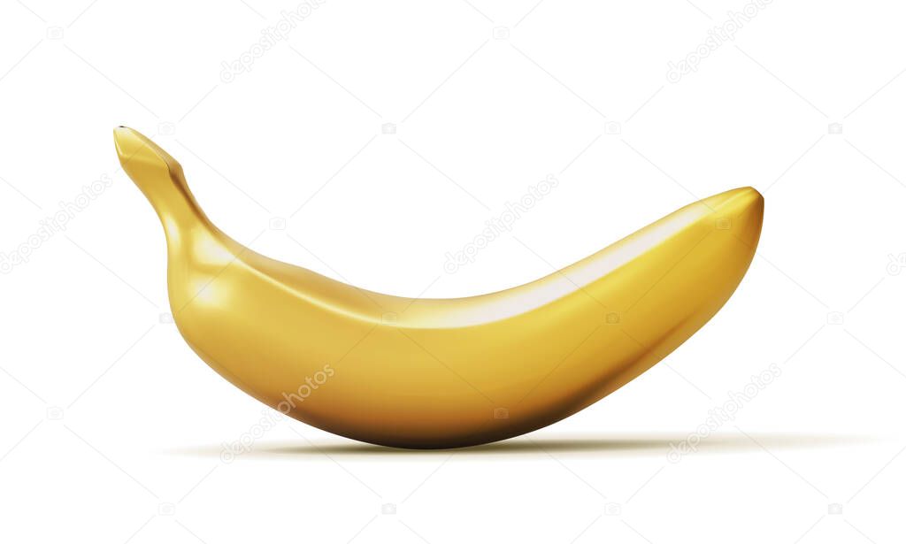 Realistic golden banana isolated on white background. 3D template for products, advertizing, web banners, leaflets. Vector illustration