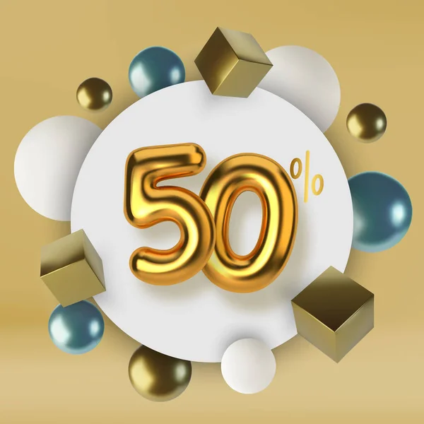 50% Rabatt Promotionverkauf aus 3D-Gold Text. Zahl in Form von goldenen Luftballons. Realistische Kugeln und Würfel. Abstrakter Hintergrund primitiver geometrischer Figuren. — Stockvektor