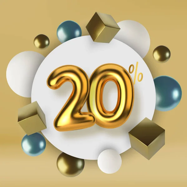 20 Rabatt Promotionverkauf aus 3D-Gold Text. Zahl in Form von goldenen Luftballons. Realistische Kugeln und Würfel. Abstrakter Hintergrund primitiver geometrischer Figuren. — Stockvektor