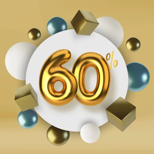 60 Rabatt Promotionverkauf aus 3D-Gold Text. Zahl in Form von goldenen Luftballons. Realistische Kugeln und Würfel. Abstrakter Hintergrund primitiver geometrischer Figuren. — Stockvektor