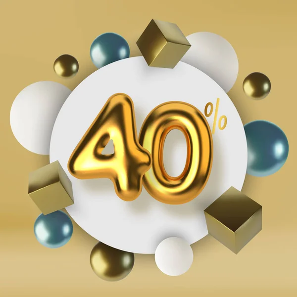 40 off kedvezmény promóciós eladás készült 3D arany szöveg. Számok arany léggömbök formájában.Realisztikus gömbök és kockák. A primitív geometriai alakok absztrakt háttere. — Stock Vector