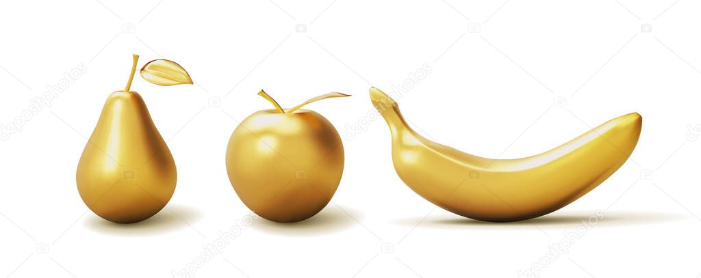 Set realistic golden banana, apple and pear isolated on white background. 3D template for products, advertizing, web banners, leaflets. Vector illustration