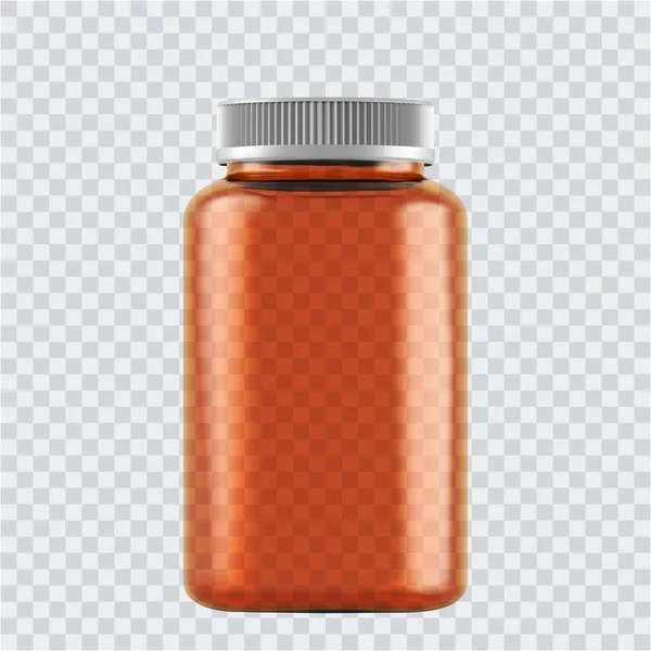 Realistische glazen flessen voor drugs, tabletten. 3d Plastic blanco medische containers geïsoleerd op transparante achtergrond. Vectorillustratie — Stockvector