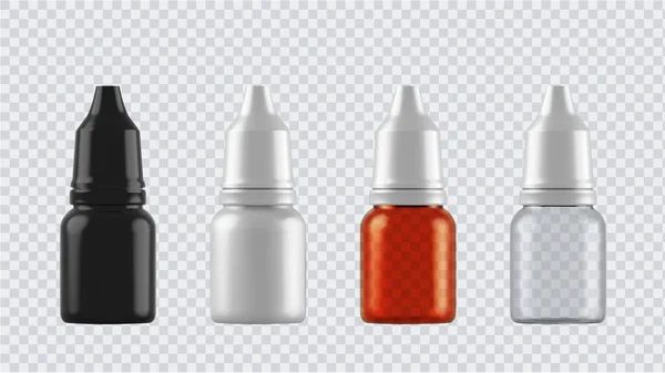 Simulación realista de botellas para medicamentos, tabletas, gotas y aerosol, etc. 3d envases médicos en blanco de plástico aislados sobre fondo transparente. Ilustración vectorial — Archivo Imágenes Vectoriales