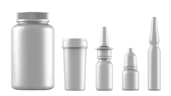 Simulación realista de botellas blancas para medicamentos, tabletas, gotas y aerosol, etc. 3d envases médicos en blanco de plástico aislados sobre fondo blanco. Ilustración vectorial — Archivo Imágenes Vectoriales