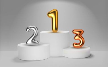 Beyaz kazananlar 3D podyumu. Altın balon şeklinde sayı. Spor müsabakalarını kazananların ödülü. Yuvarlak gerçekçi kaide. Vektör illüstrasyonu