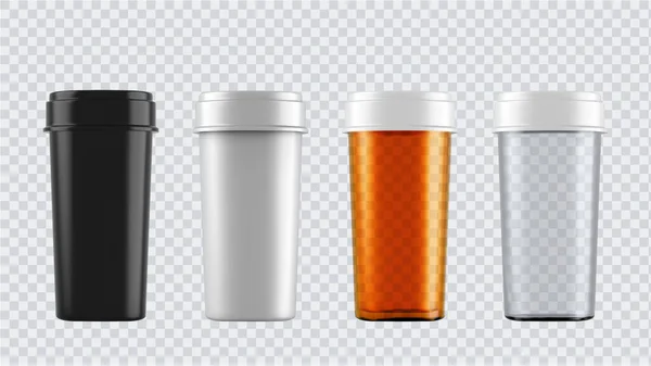 Simulación realista de botellas para medicamentos, tabletas, gotas y aerosol, etc. 3d envases médicos en blanco de plástico aislados sobre fondo transparente. Ilustración vectorial — Vector de stock