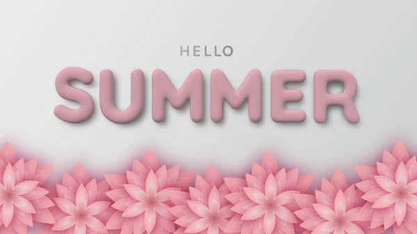 Achtergrond van roze papieren bloem en 3d witte zomer inscriptie. Hallo zomertijd. Realistische 3D-illustratie. De poster te koop en een reclamebord. Vectorillustratie — Stockvector