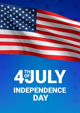 Bağımsızlık Günü 'nüz kutlu olsun. Amerika 'nın sallanan bayrağı. Tekstil vektör bayrakları için 3 boyutlu reklam. 4 Temmuz dikey arka plan. Vektör illüstrasyonu