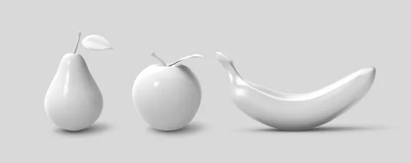 Set realista plátano blanco, manzana y pera aislados sobre fondo gris, vista frontal. Plantilla 3D para productos, publicidad, banners web, folletos, vector — Vector de stock